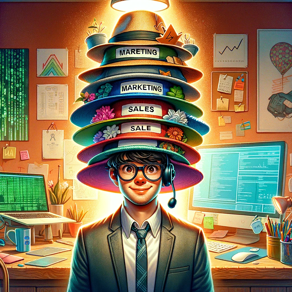 DALL-E's understanding of an indie hacker wearing multiple hats 😆